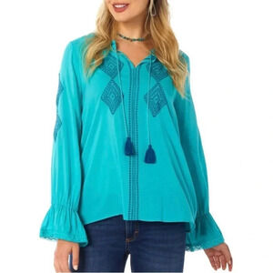 Wrangler Retro Embroidered long sleeved Peasant Top Teal Tassels Women’s Size S